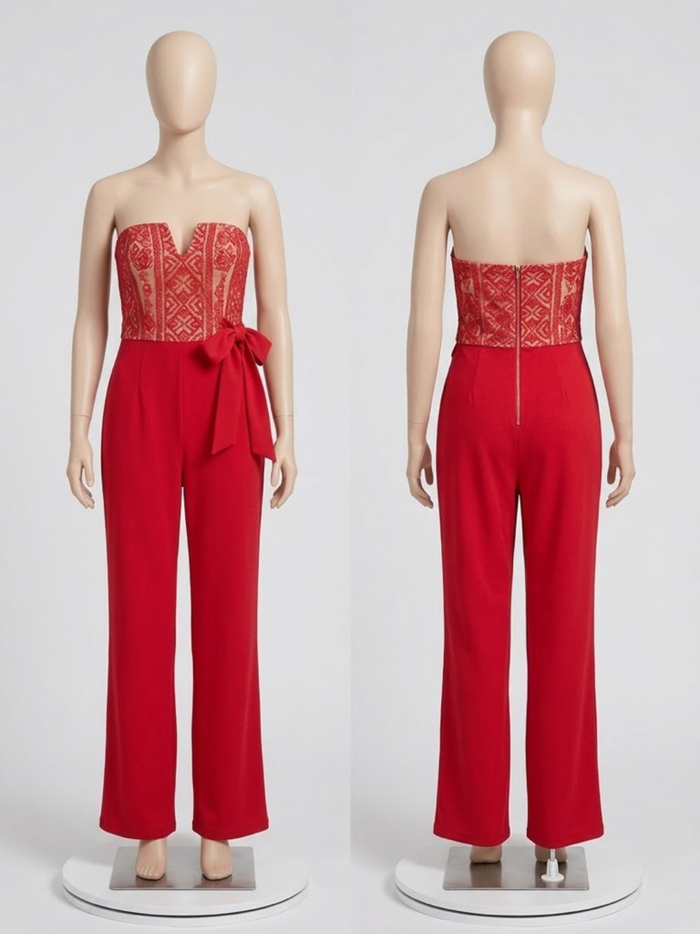 Strapless Red Lace-Bodice Jumpsuit